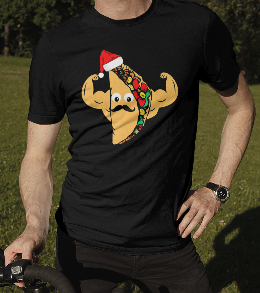 Funny Taco With Santa Hat And Mustache Flexing Muscles Family T-Shirt
