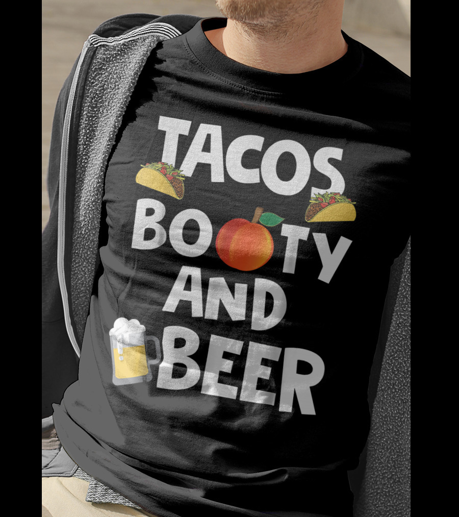 Mens Funny Tacos Peach Booty And Beer With Emoji Graphics T-Shirt