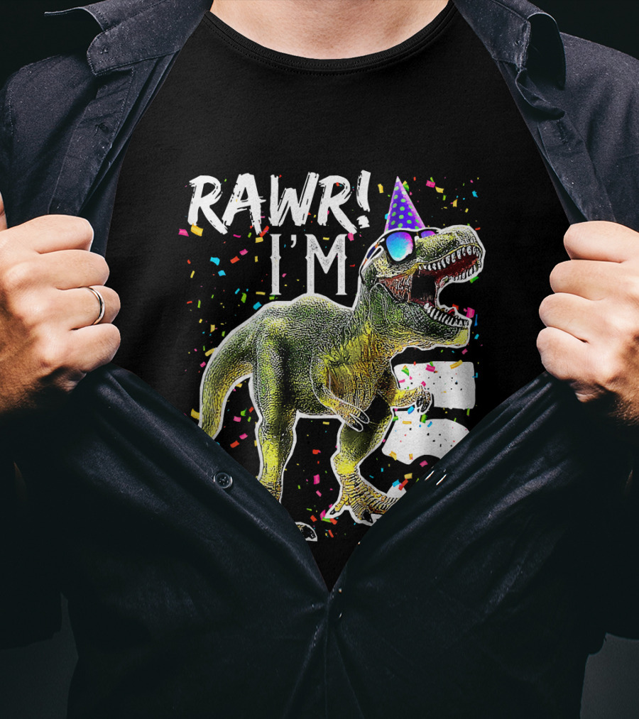 Rawr I'm 5 Dinosaur Birthday Party Hat Confetti T-Shirt