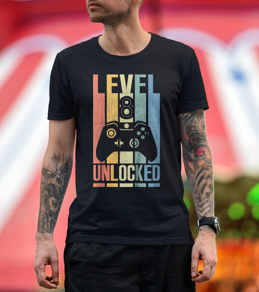 Level 8 Unlocked Video Game Controller Kids Retro Gaming T-Shirt