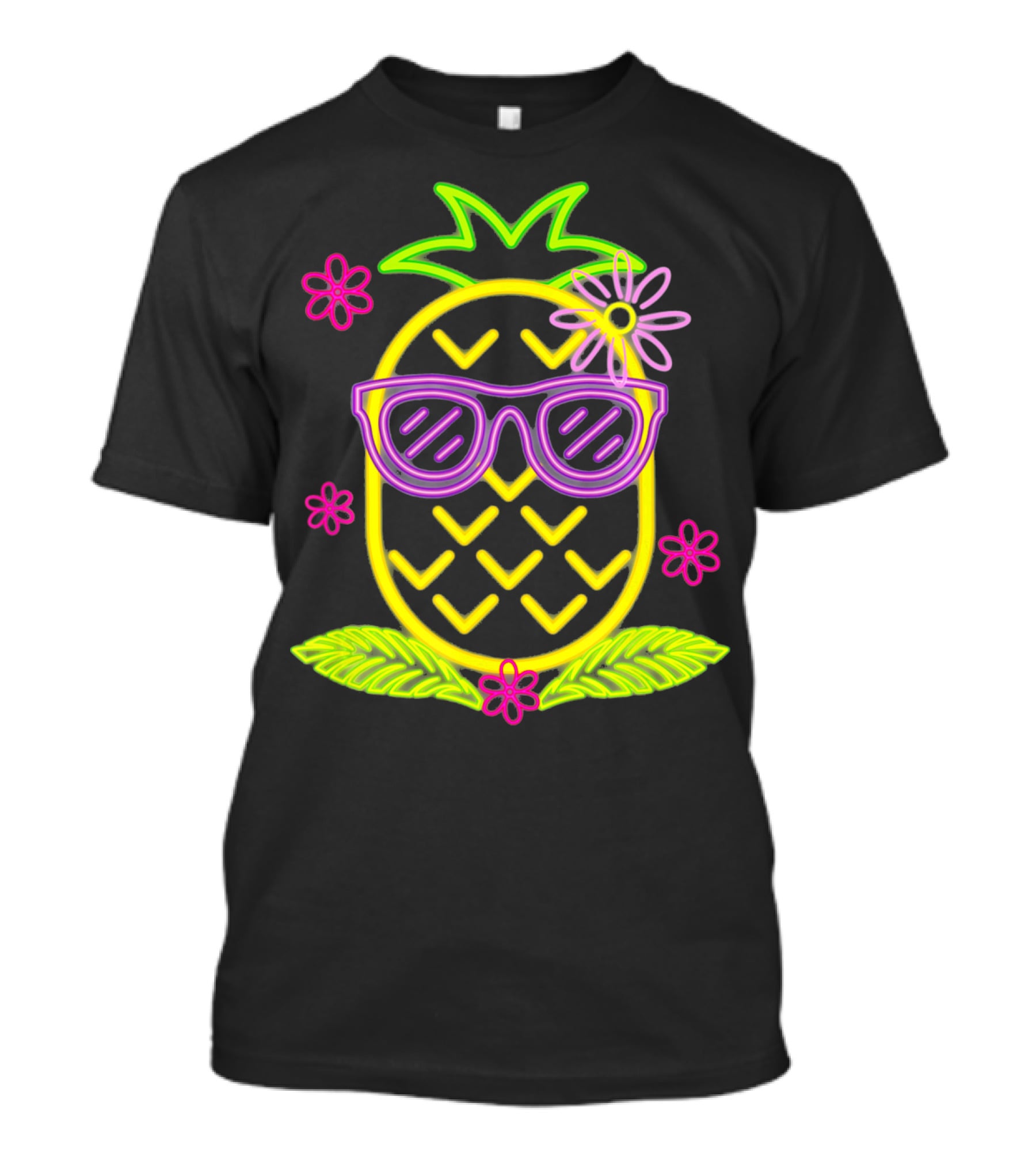 Neon Pineapple With Sunglasses And Flowers Luau Party Vibes T-Shirt