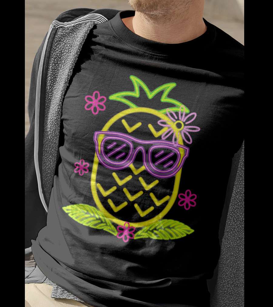 Neon Pineapple With Sunglasses And Flowers Luau Party Vibes T-Shirt
