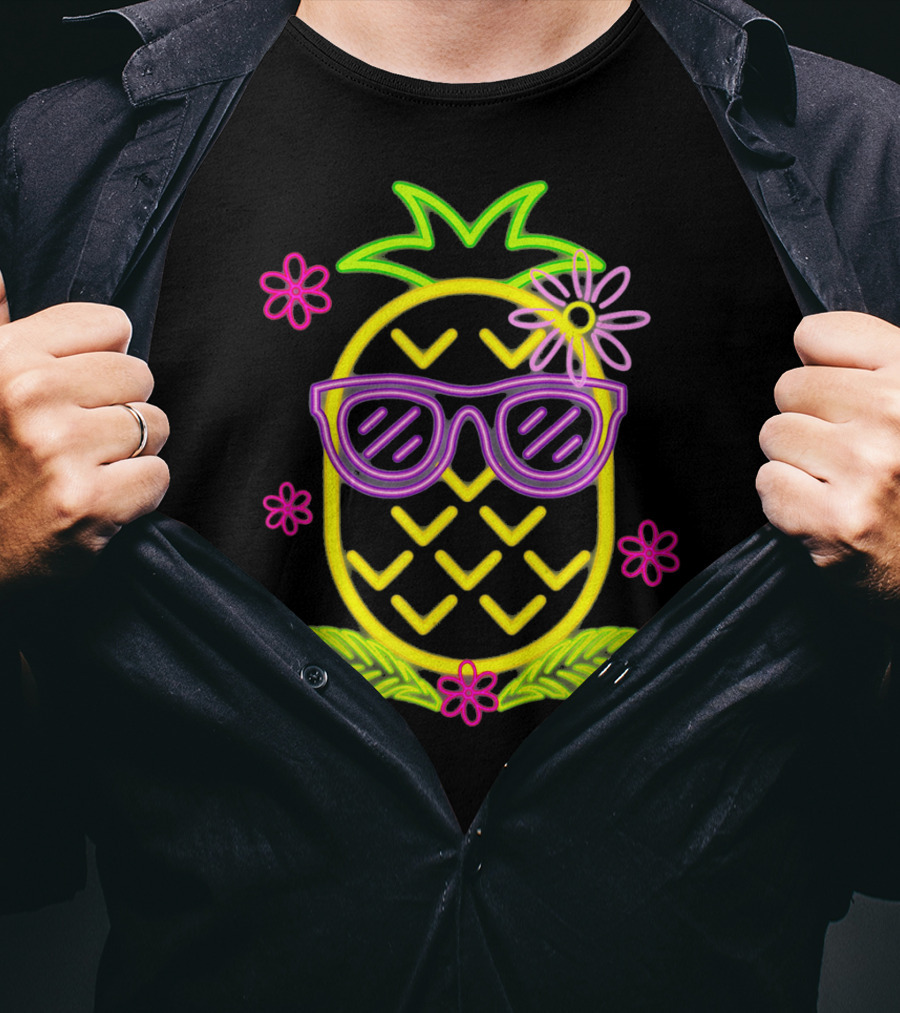 Neon Pineapple With Sunglasses And Flowers Luau Party Vibes T-Shirt