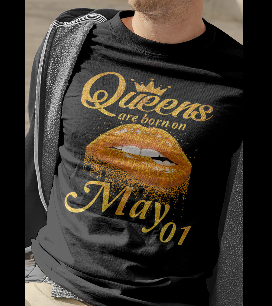 Queens Are Born On May 01 Gold Lips Crown Sparkle T-Shirt