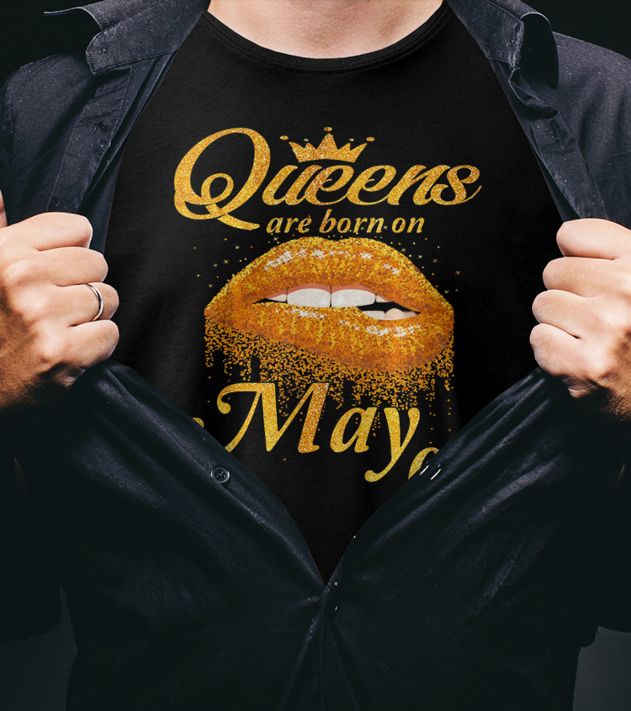 Queens Are Born On May 01 Gold Lips Crown Sparkle T-Shirt