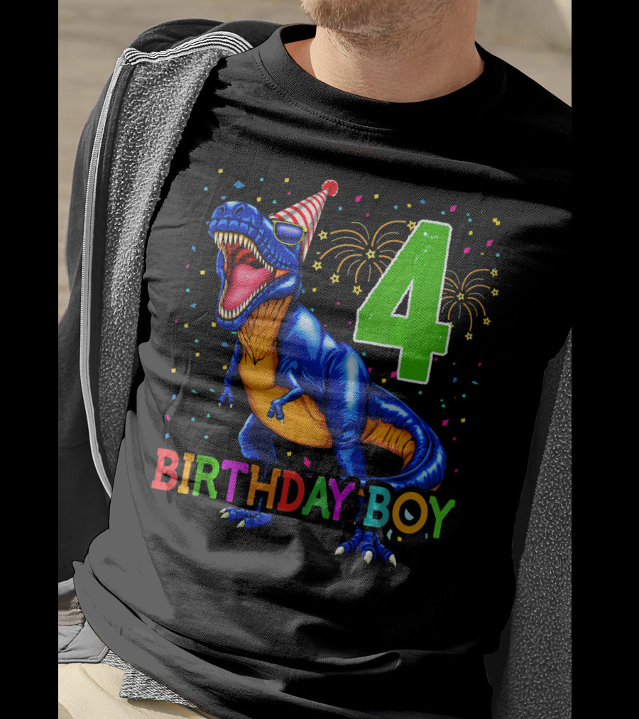 Birthday Boy 4 Dinosaur Party Hat Fireworks T-Shirt