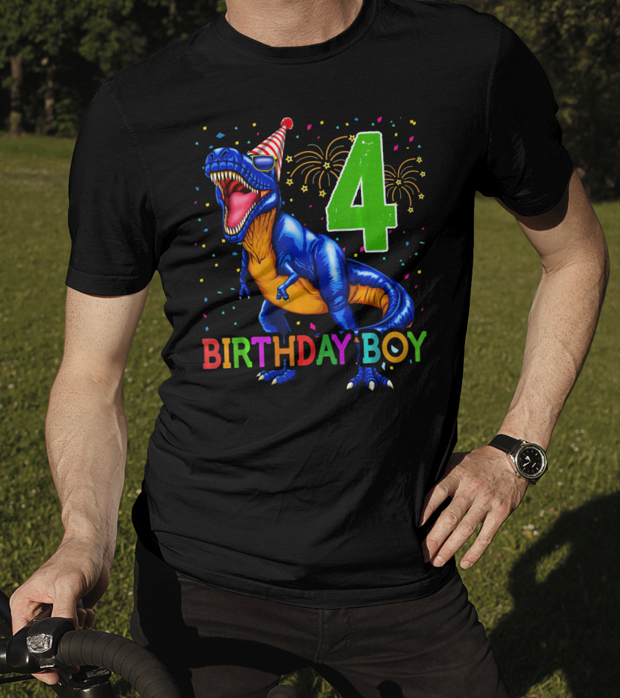 Birthday Boy 4 Dinosaur Party Hat Fireworks T-Shirt