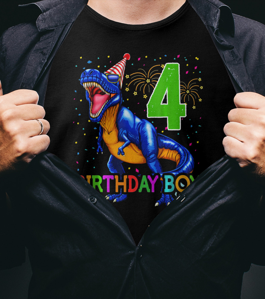 Birthday Boy 4 Dinosaur Party Hat Fireworks T-Shirt