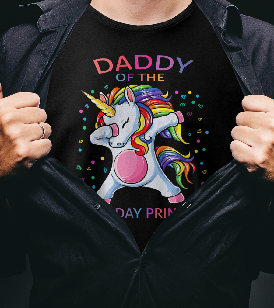 Daddy Of The Birthday Princess Unicorn Dabbing With Colorful Confetti T-Shirt