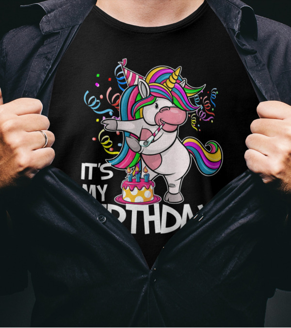 IT'S MY BIRTHDAY Flossing Unicorn Party With Cake And Confetti T-Shirt
