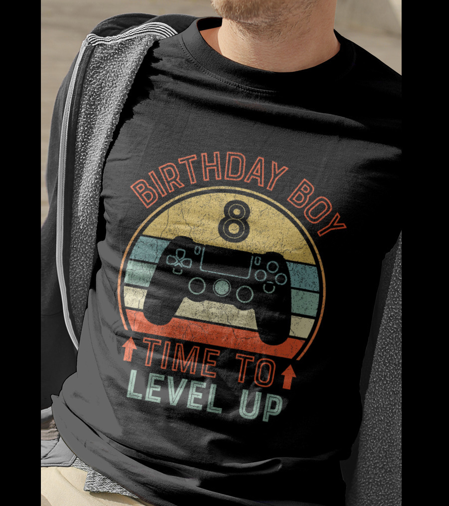 Birthday Boy 8 Time To Level Up Vintage Gaming Controller Retro Stripes T-Shirt