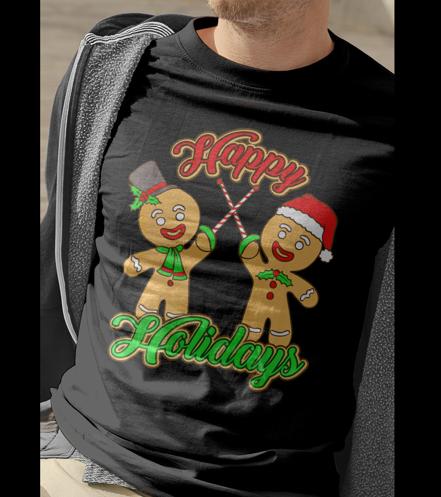 Happy Holidays Gingerbread Men Fencing With Candy Canes T-Shirt