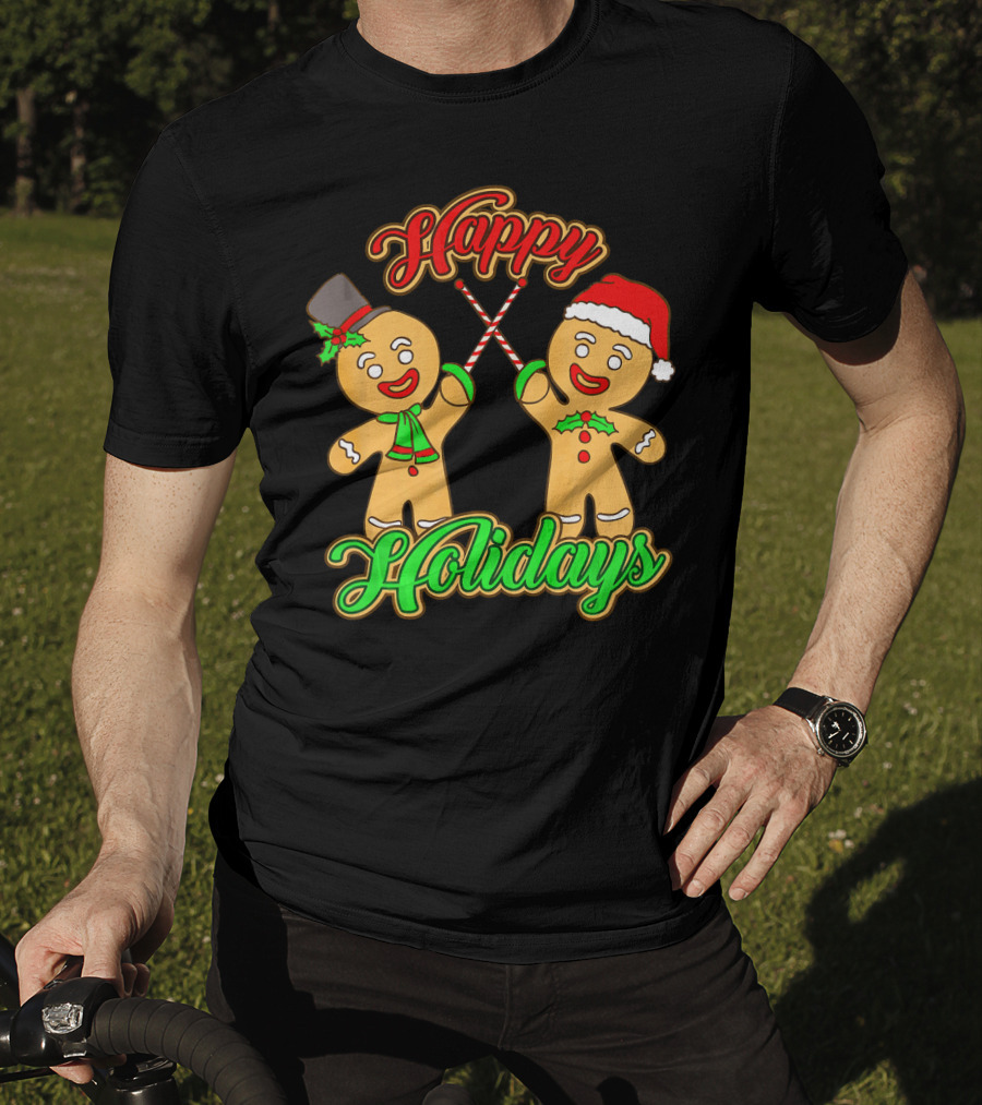 Happy Holidays Gingerbread Men Fencing With Candy Canes T-Shirt