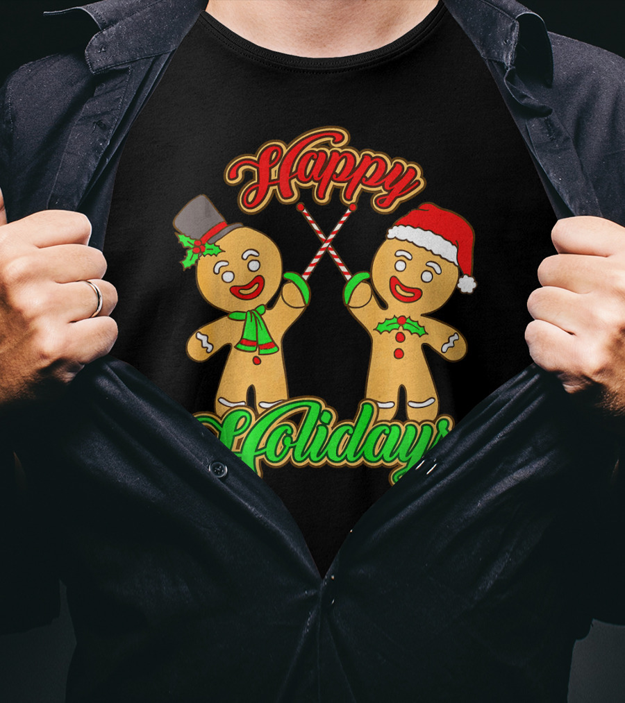 Happy Holidays Gingerbread Men Fencing With Candy Canes T-Shirt