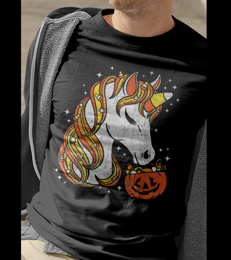 Candy Corn Unicorn With Jack-O'-Lantern Stars Halloween Top T-Shirt
