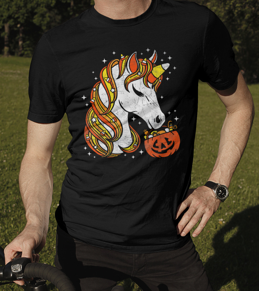 Candy Corn Unicorn With Jack-O'-Lantern Stars Halloween Top T-Shirt