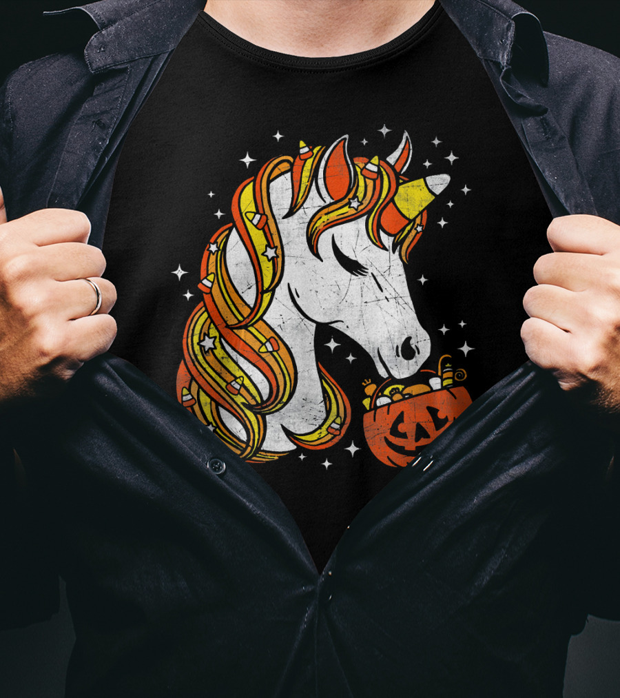 Candy Corn Unicorn With Jack-O'-Lantern Stars Halloween Top T-Shirt