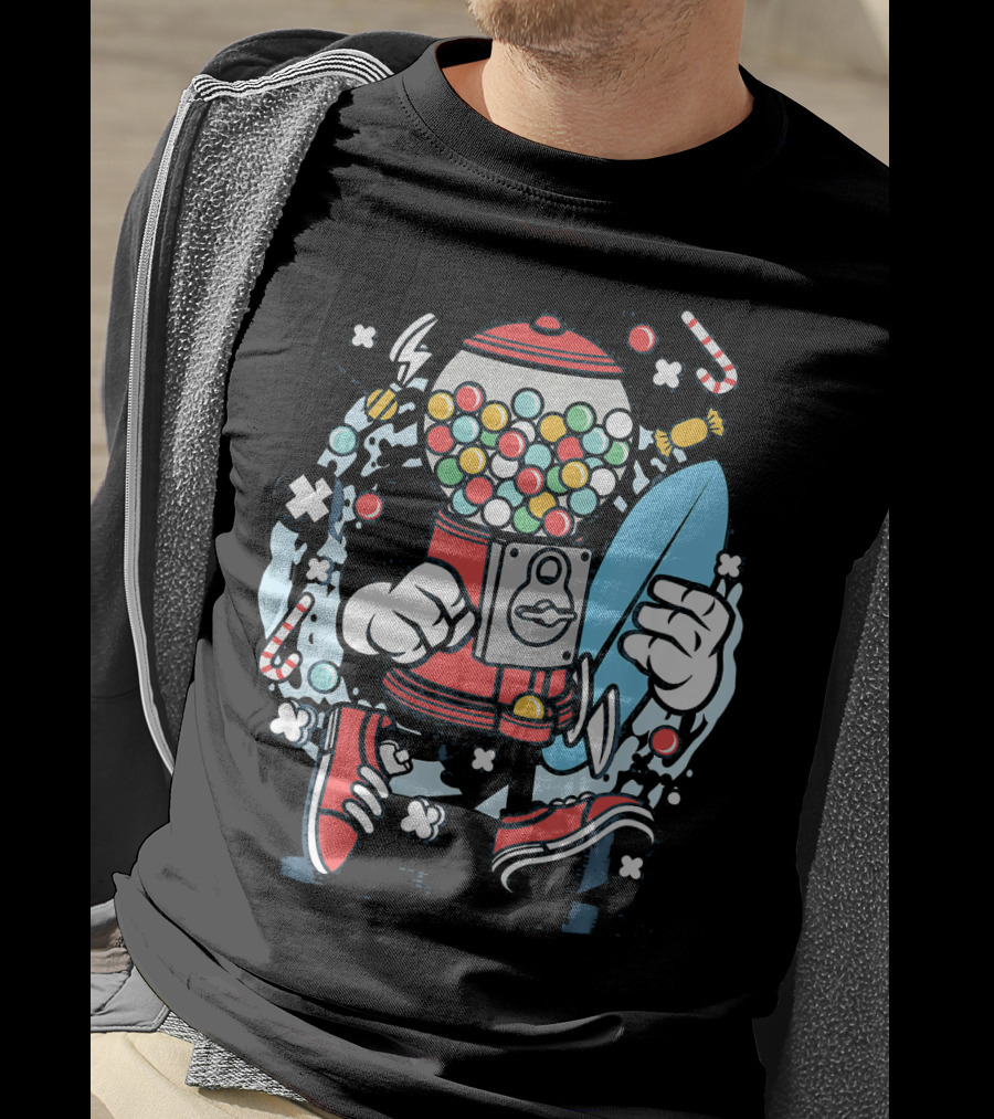 Cartoon Candy Machine With Surfboard And Sneakers Adventure T-Shirt