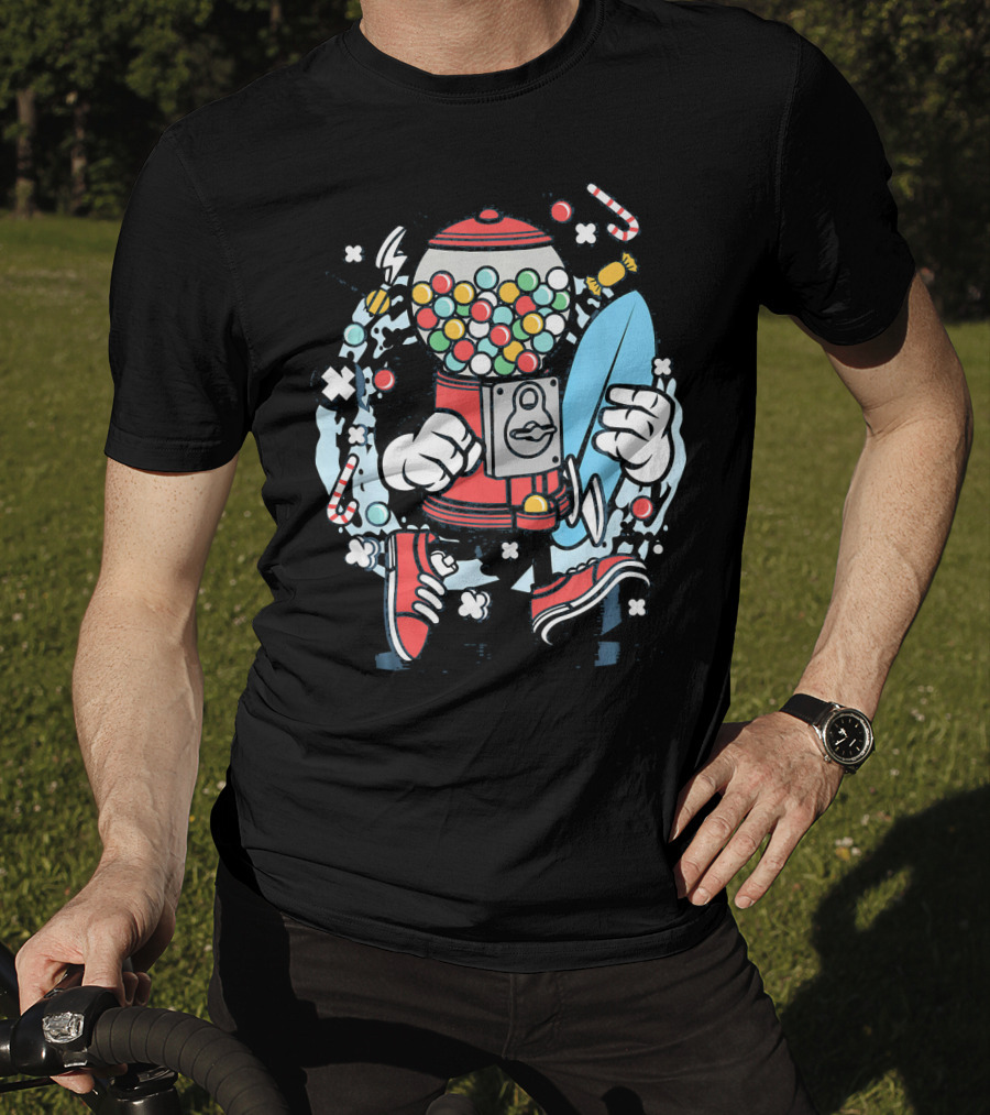Cartoon Candy Machine With Surfboard And Sneakers Adventure T-Shirt