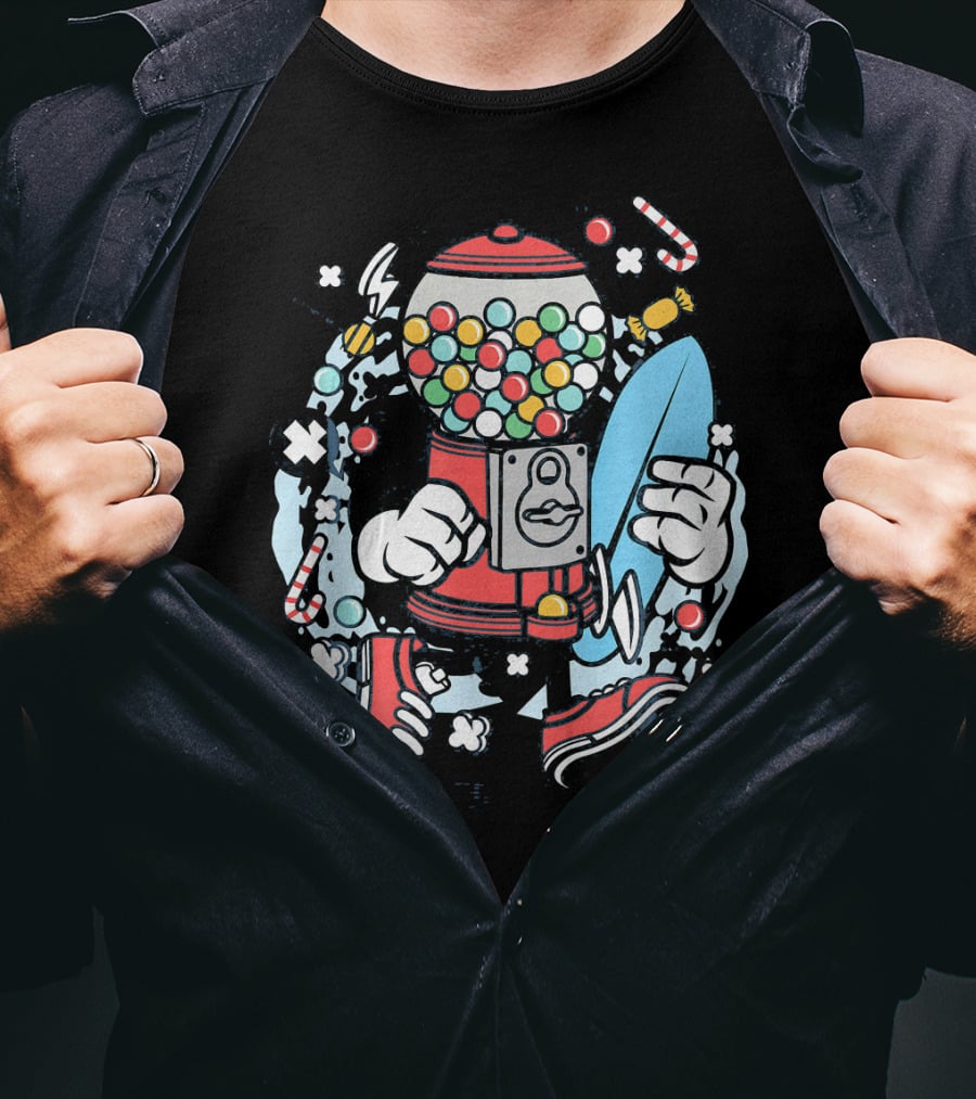 Cartoon Candy Machine With Surfboard And Sneakers Adventure T-Shirt