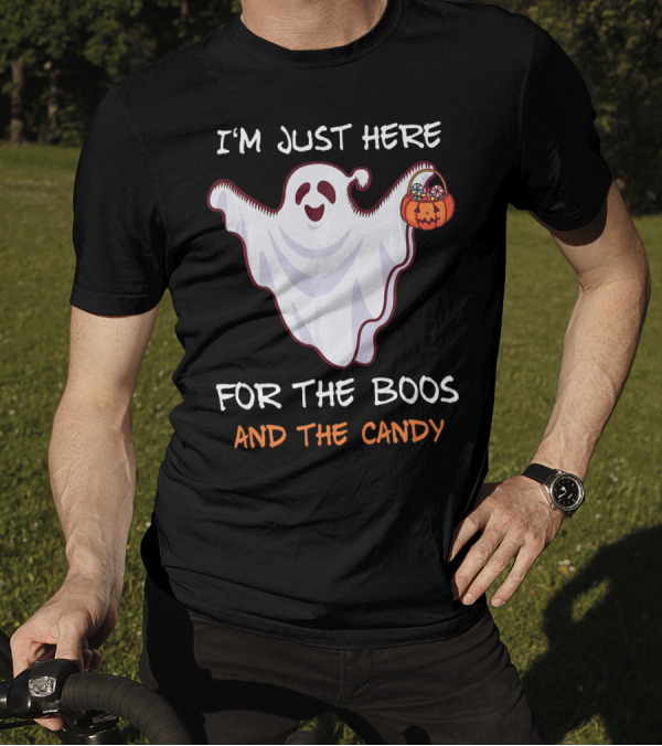 I'm Just Here For The Boos Ghost Holding Pumpkin Candy T-Shirt
