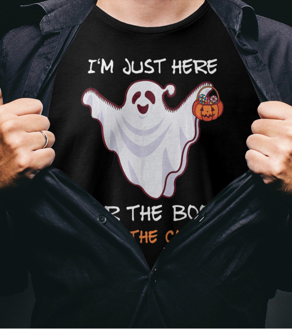 I'm Just Here For The Boos Ghost Holding Pumpkin Candy T-Shirt
