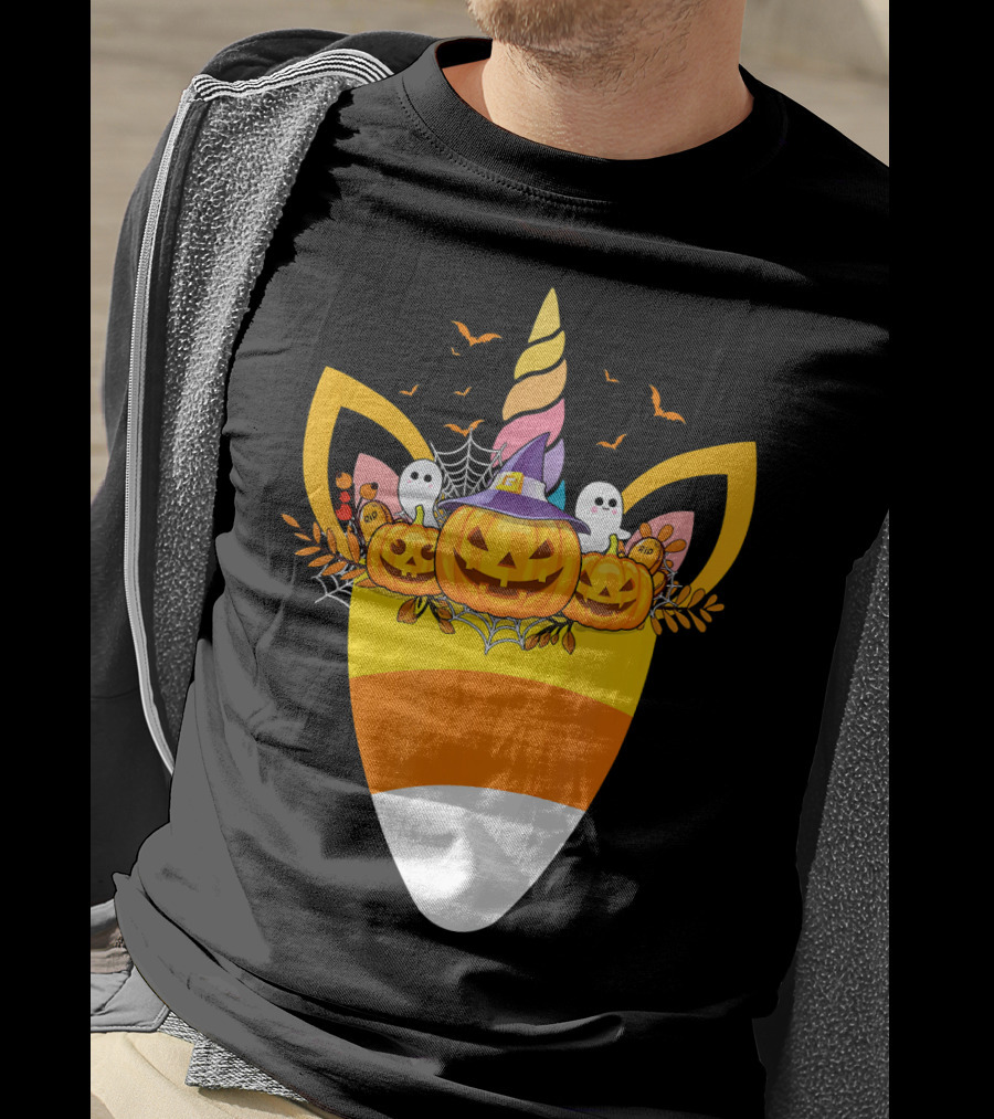 Unicorn Candy Corn Pumpkin Ghost Halloween Boo T-Shirt
