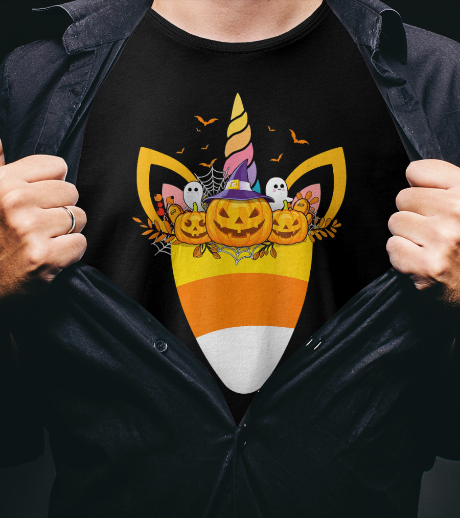 Unicorn Candy Corn Pumpkin Ghost Halloween Boo T-Shirt