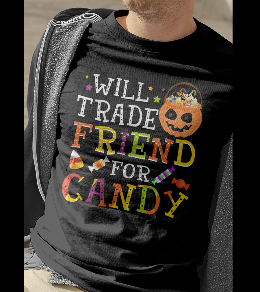 Will Trade Friend For Candy Halloween Co Trick-or-Treat Jack-o'-Lantern And Candy Icon Pumpkin T-Shirt