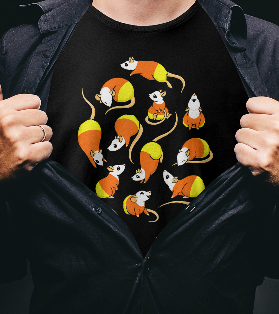 Candy Corn Rats Pattern Halloween-Themed T-Shirt