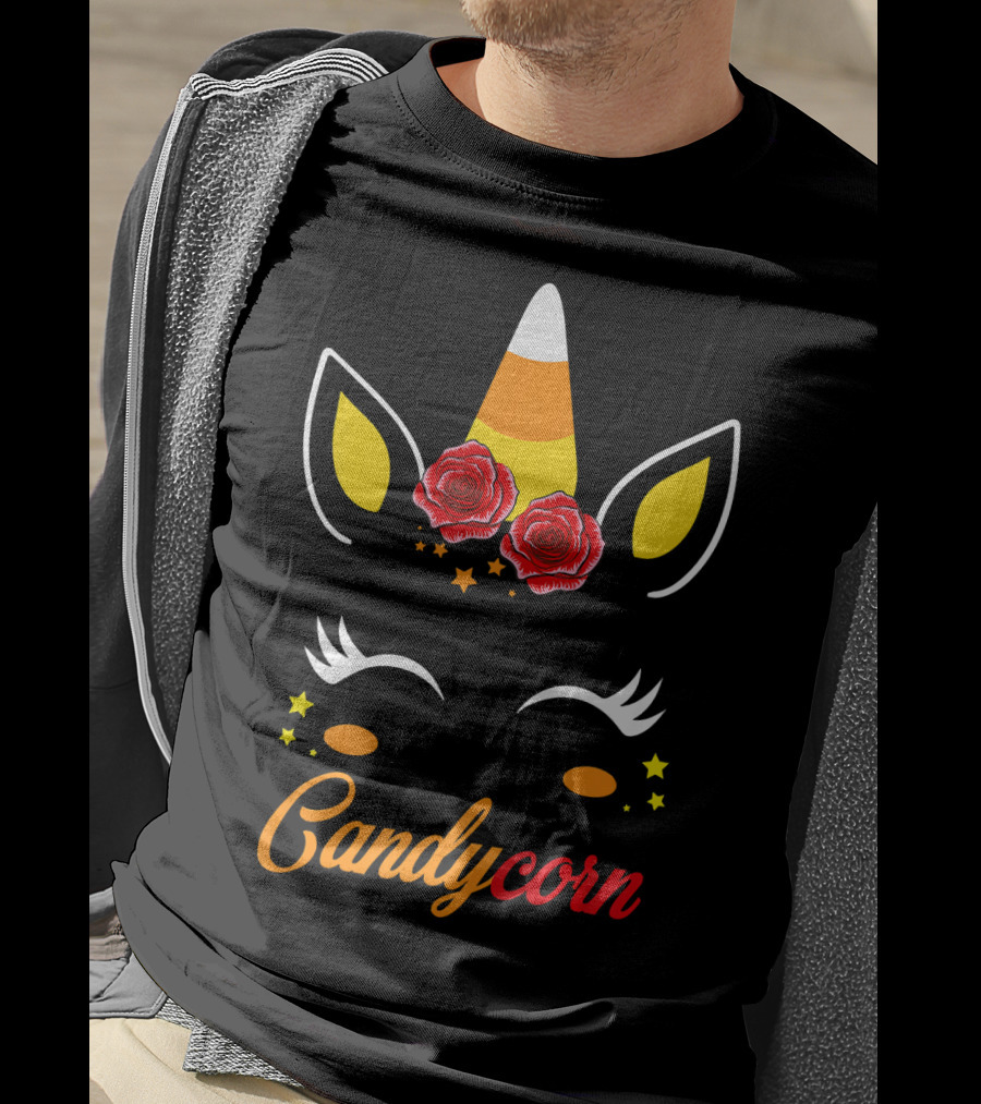 Candycorn Unicorn With Roses And Stars T-Shirt
