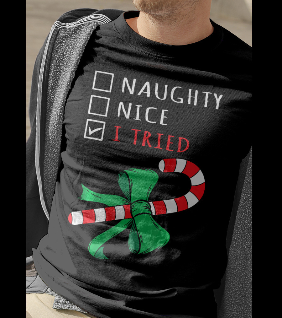 Naughty Nice I Tried Candy Cane Bow T-Shirt