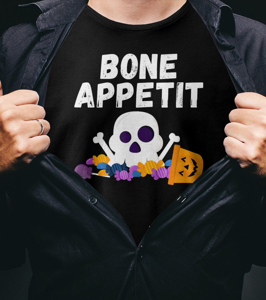 Bone Appetit Funny Skull Halloween Candy Pumpkin Chef Pun T-Shirt