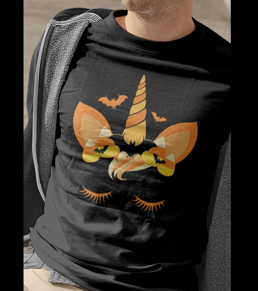 Halloween Unicorn Candy Corn Bat Ears Eyelashes T-Shirt