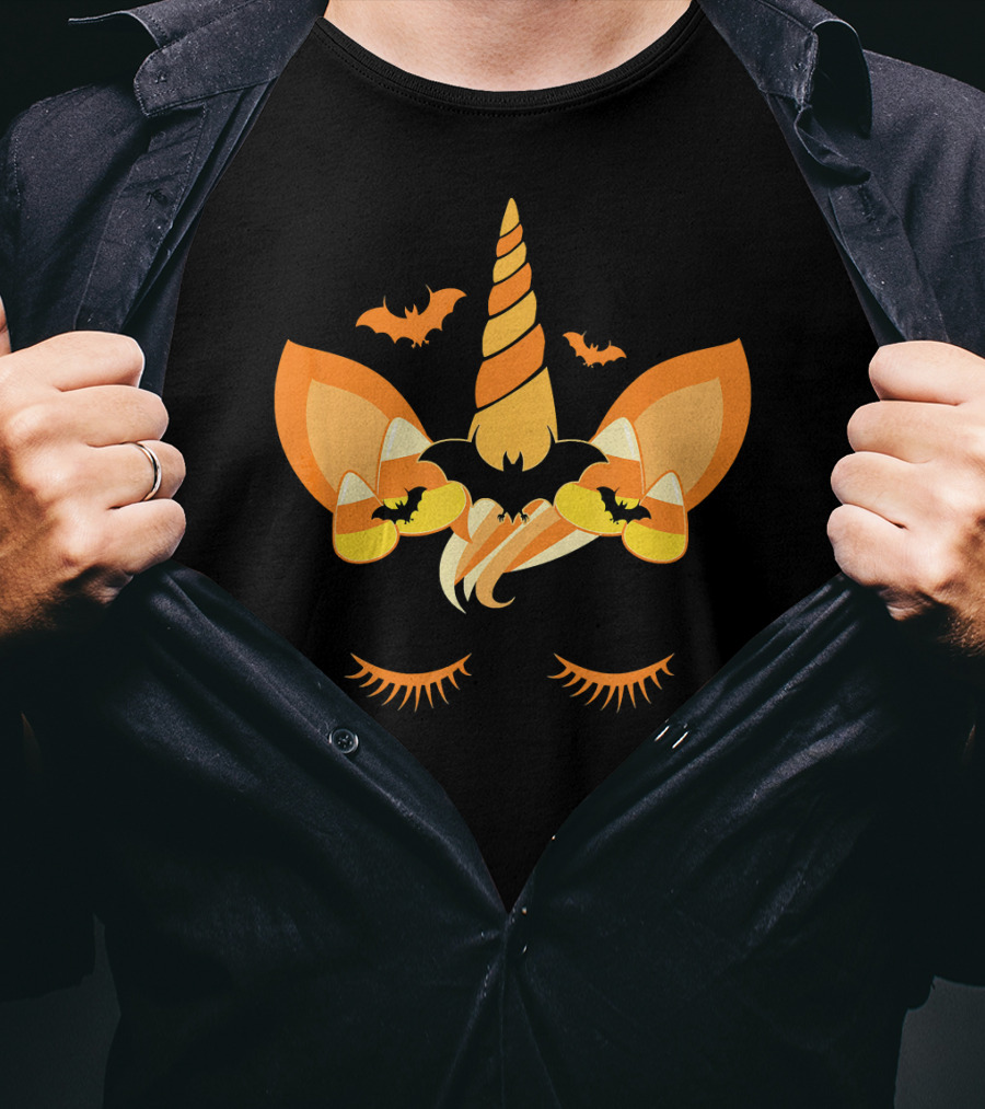 Halloween Unicorn Candy Corn Bat Ears Eyelashes T-Shirt