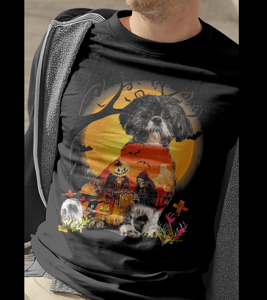 Shih Tzu Halloween Night With Pumpkins, Ghosts, And Full Moon T-Shirt