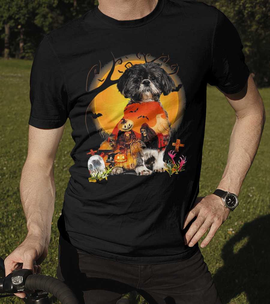 Shih Tzu Halloween Night With Pumpkins, Ghosts, And Full Moon T-Shirt