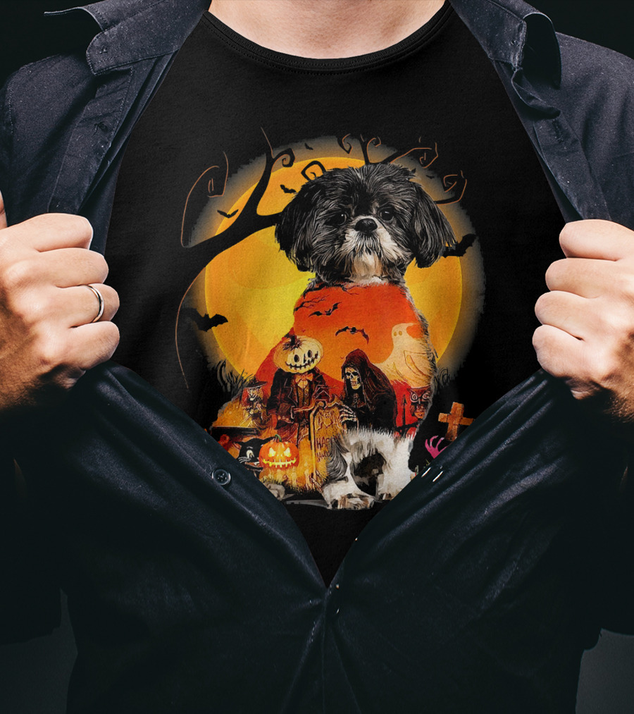 Shih Tzu Halloween Night With Pumpkins, Ghosts, And Full Moon T-Shirt