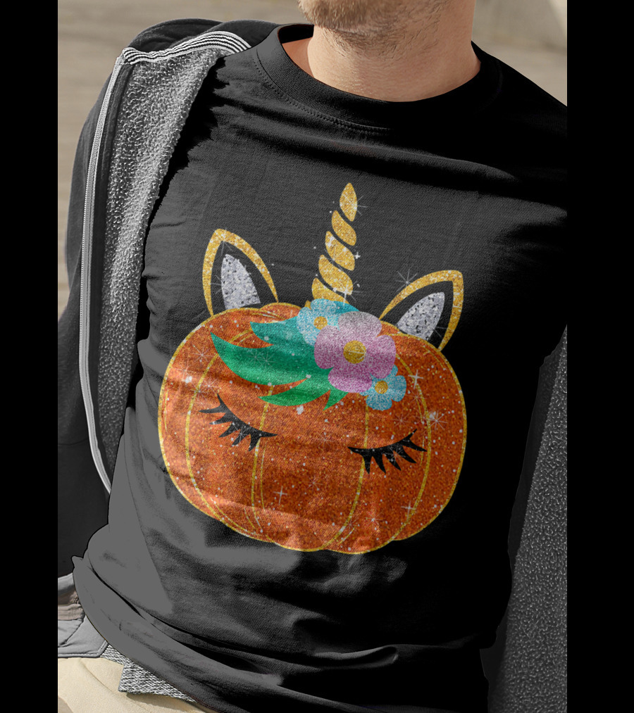 Sparkly Unicorn Pumpkin Halloween T-Shirt