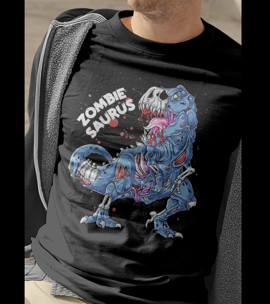 Zombie Saurus Halloween Kids Dinosaur Skeleton Blue T-Shirt