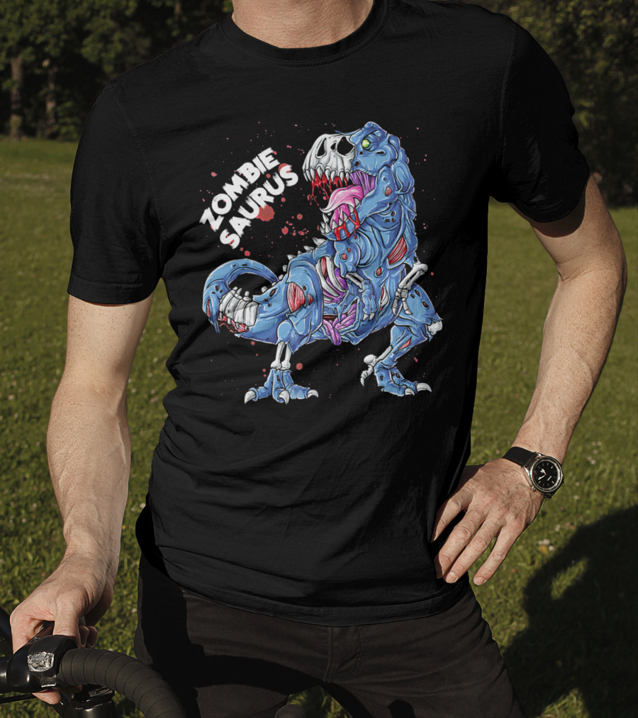 Zombie Saurus Halloween Kids Dinosaur Skeleton Blue T-Shirt