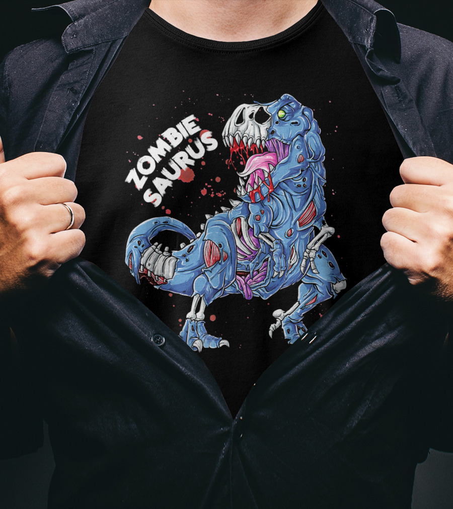 Zombie Saurus Halloween Kids Dinosaur Skeleton Blue T-Shirt