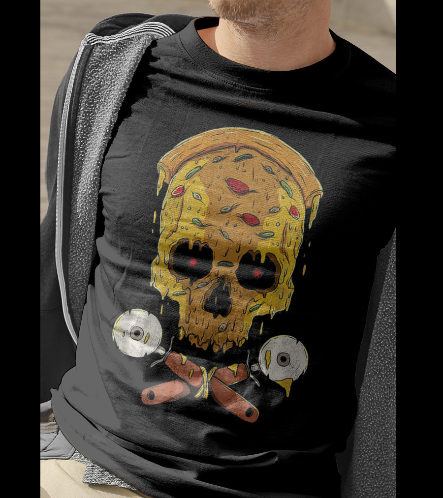 Pizza Cutter Skull Funny Halloween Costume Melting Slice T-Shirt