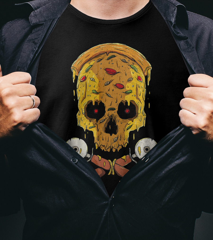 Pizza Cutter Skull Funny Halloween Costume Melting Slice T-Shirt
