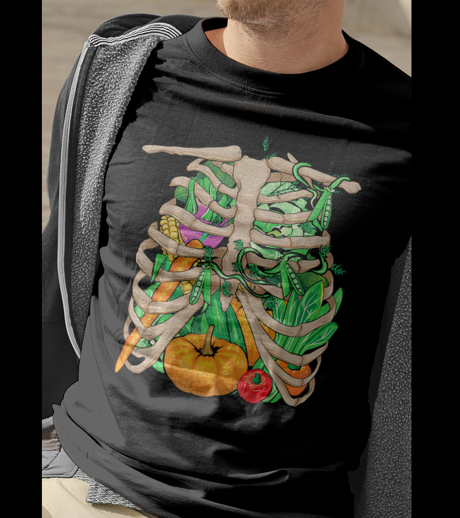 Cool Vegetable Skeleton Halloween Costume Vegetables Ribs Pumpkin Peas Corn Carrot T-Shirt
