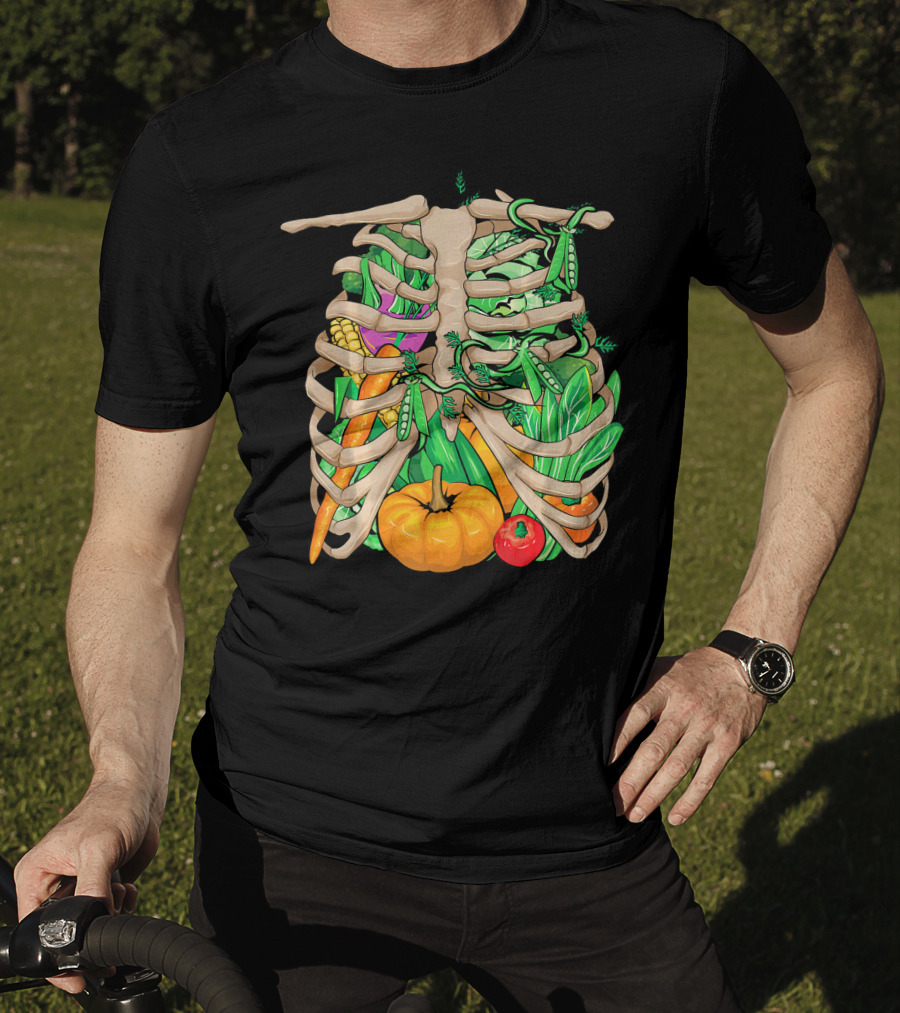 Cool Vegetable Skeleton Halloween Costume Vegetables Ribs Pumpkin Peas Corn Carrot T-Shirt