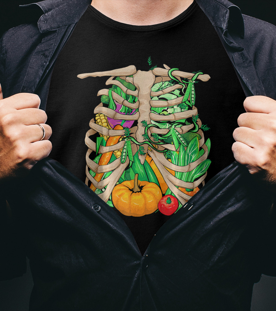 Cool Vegetable Skeleton Halloween Costume Vegetables Ribs Pumpkin Peas Corn Carrot T-Shirt