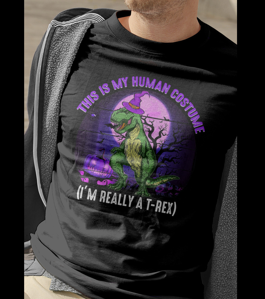This Is My Human Costume I'm Really A T-Rex Funny Dinosaur Halloween Moon Wizard Hat T-Shirt