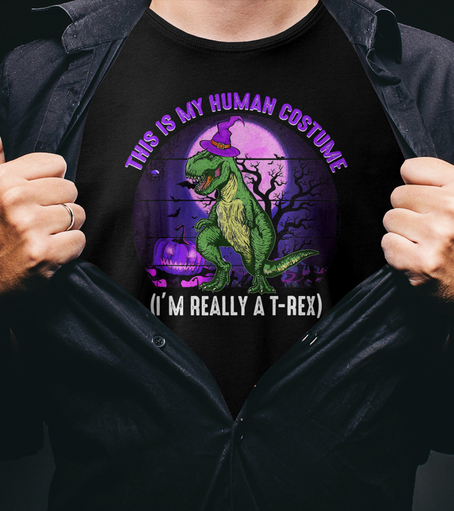 This Is My Human Costume I'm Really A T-Rex Funny Dinosaur Halloween Moon Wizard Hat T-Shirt
