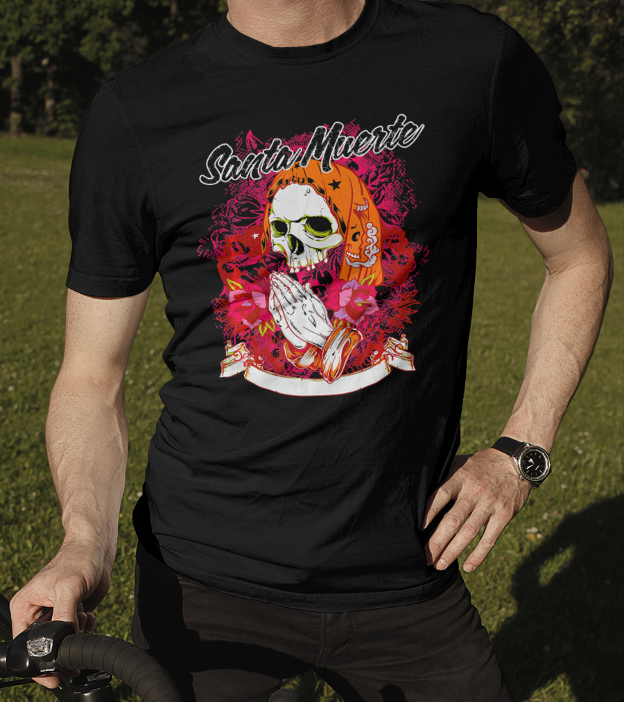 Santa Muerte Mexican Day Of The Dead Praying Skull With Flowers T-Shirt